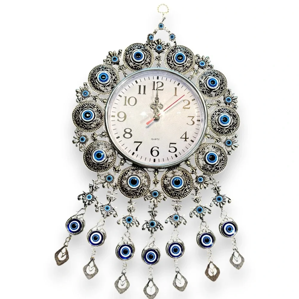 Evil Eye Wall Clock Silver Tone Filigree Nazar Beads Quartz Boho Decor 17.5in